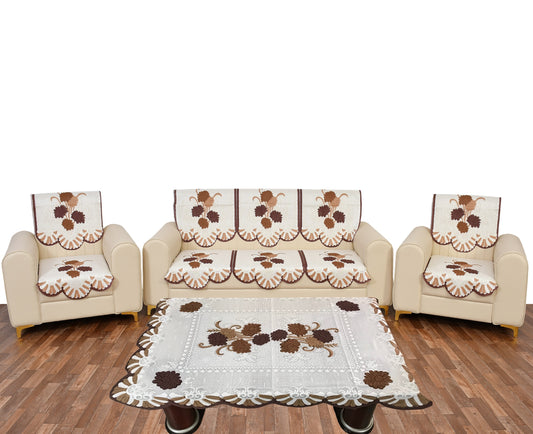 Bigger Fish Cotton Net Fabric Floral 5 Seater Sofa Cover 10 Pieces with 40x60 Center Table Cover (Brown)