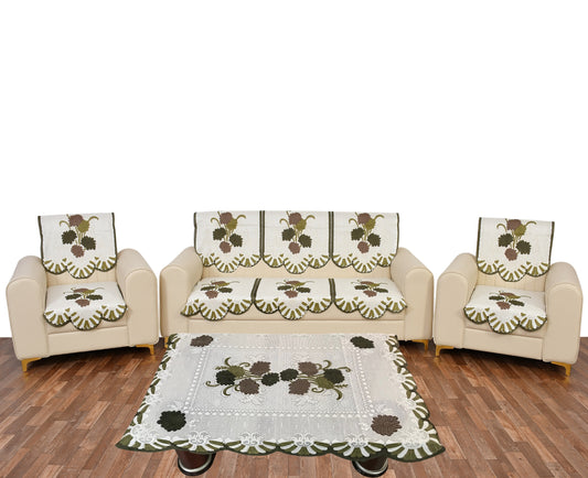 Bigger Fish Cotton Net Fabric Floral 5 Seater Sofa Cover 10 Pieces with 40x60 Center Table Cover (Green)