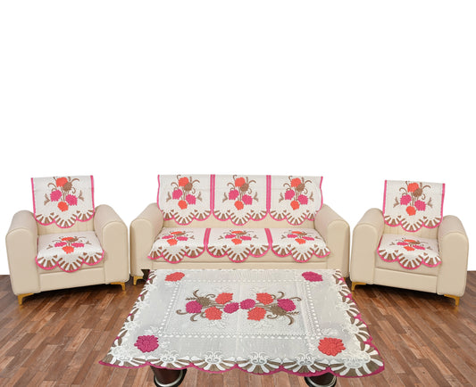 Bigger Fish Cotton Net Fabric Floral 5 Seater Sofa Cover 10 Pieces with 40x60 Center Table Cover (Pink)