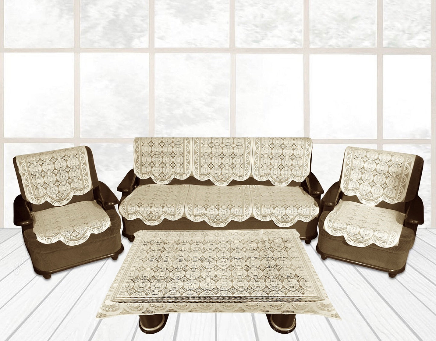 Bigger Fish Poly Cotton Net Fabric Floral 5 Seater Sofa Cover 10 Pieces with 40x60 Center Table Cover Combo (Cream)
