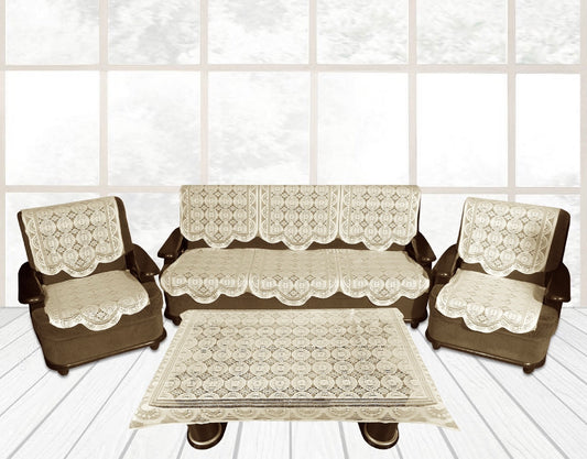 Bigger Fish Poly Cotton Net Fabric Floral 5 Seater Sofa Cover 10 Pieces with 40x60 Center Table Cover Combo (Cream)