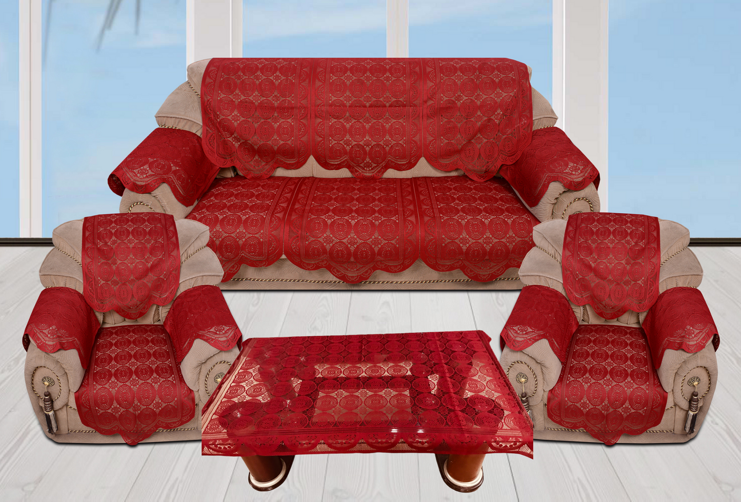Bigger Fish Poly Cotton Net Fabric  5 Seater Sofa Cover With Arms Cover 16 Pieces with 40x60 Center Table Cover Combo (Maroon)