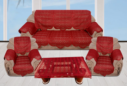 Bigger Fish Poly Cotton Net Fabric  5 Seater Sofa Cover With Arms Cover 16 Pieces with 40x60 Center Table Cover Combo (Maroon)