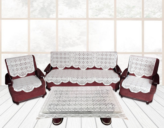 Bigger Fish Poly Cotton Net Fabric Floral 5 Seater Sofa Cover 10 Pieces with 40x60 Center Table Cover Combo (White)