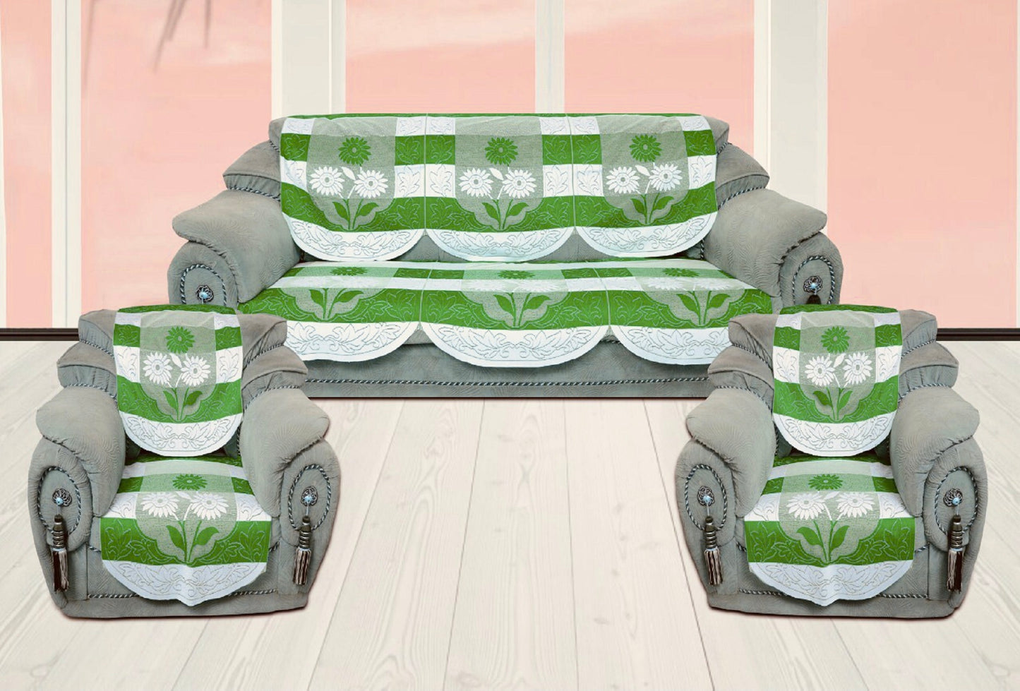 Bigger Fish Poly Cotton Net Fabric Floral 5 Seater Sofa Cover 10 Pieces with 40x60 Center Table Cover Combo (Green)