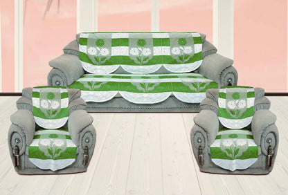 Bigger Fish Poly Cotton Net Fabric Floral 5 Seater Sofa Cover 10 Pieces with 40x60 Center Table Cover Combo (Green)