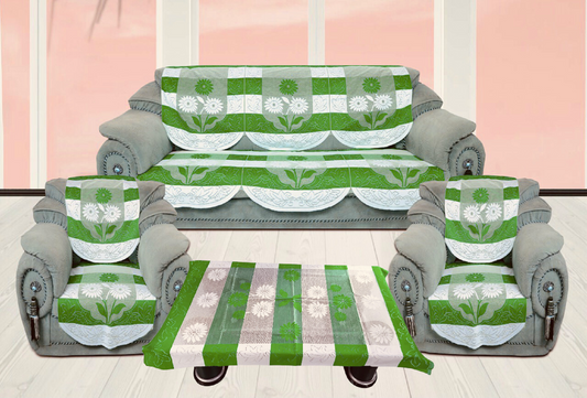 Bigger Fish Poly Cotton Net Fabric Floral 5 Seater Sofa Cover 10 Pieces with 40x60 Center Table Cover Combo (Green)