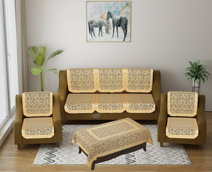 Bigger Fish Cotton Net Fabric Floral 5 Seater Sofa Cover 10 Pieces with 40x60 Center Table Cover (Gold)
