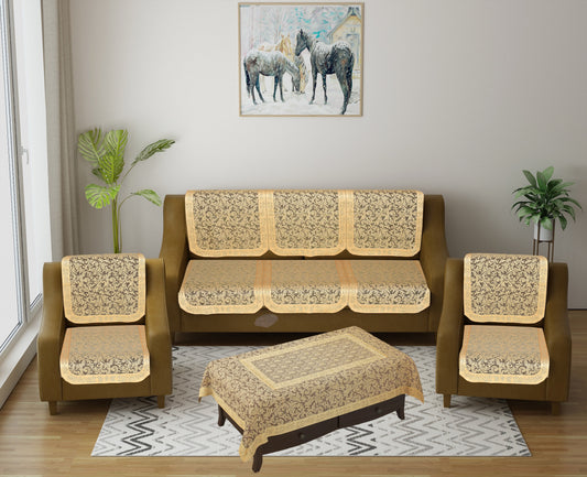 Bigger Fish Cotton Net Fabric Floral 5 Seater Sofa Cover 10 Pieces with 40x60 Center Table Cover (Gold)