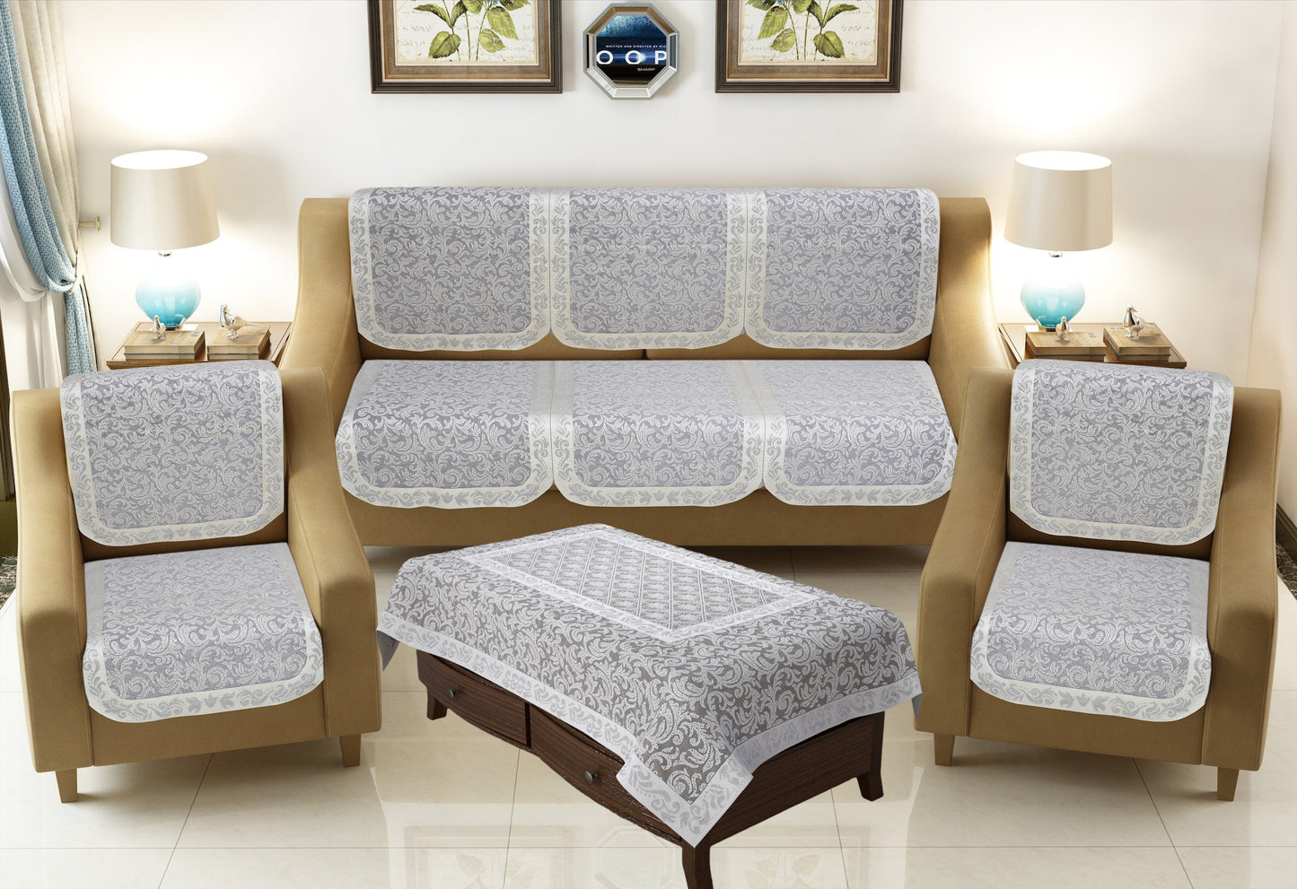 Bigger Fish Net Fabric Floral 5 Seater Sofa Cover 10 Pieces with 40x60 Center Table Cover (Grey)