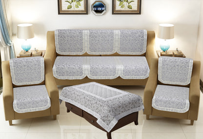 Bigger Fish Net Fabric Floral 5 Seater Sofa Cover 10 Pieces with 40x60 Center Table Cover (Grey)