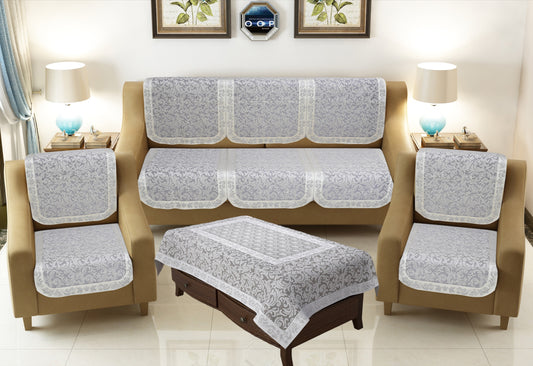 Bigger Fish Net Fabric Floral 5 Seater Sofa Cover 10 Pieces with 40x60 Center Table Cover (Grey)