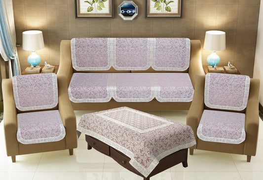 Bigger Fish Cotton Net Fabric Floral 5 Seater Sofa Cover 10 Pieces with 40x60 Center Table Cover (Maroon)