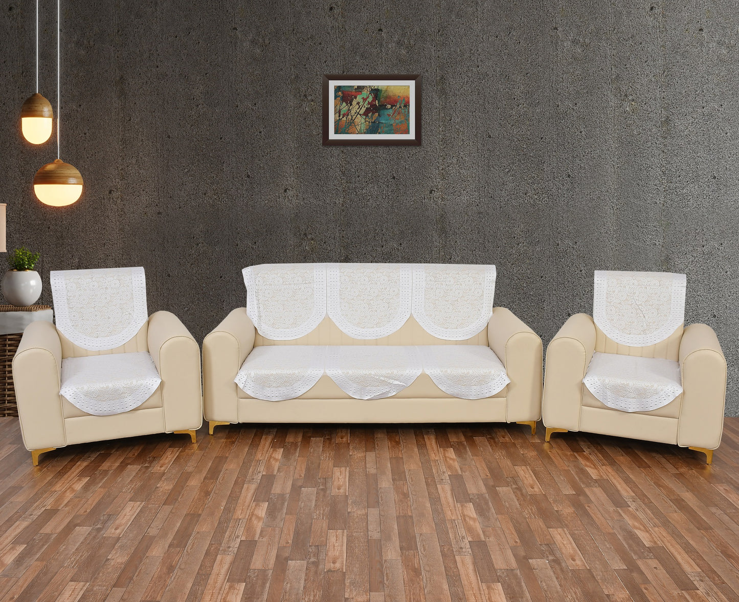 Bigger Fish Poly Cotton Net Fabric Floral 5 Seater Sofa Cover 10 Pieces with 40x60 Center Table Cover Combo (Cream)