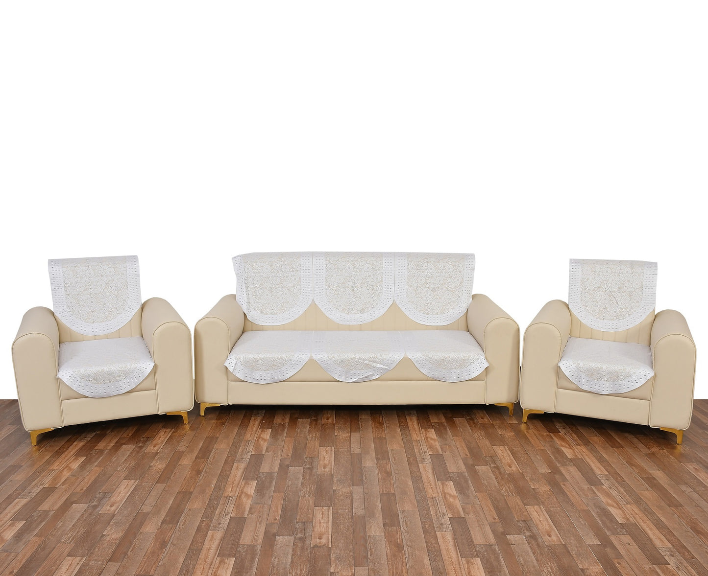 Bigger Fish Poly Cotton Net Fabric Floral 5 Seater Sofa Cover 10 Pieces with 40x60 Center Table Cover Combo (Cream)