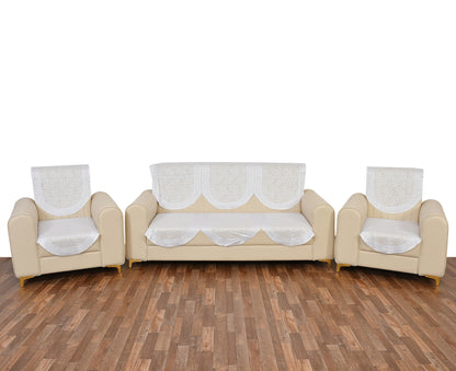 Bigger Fish Poly Cotton Net Fabric Floral 5 Seater Sofa Cover 10 Pieces with 40x60 Center Table Cover Combo (Cream)