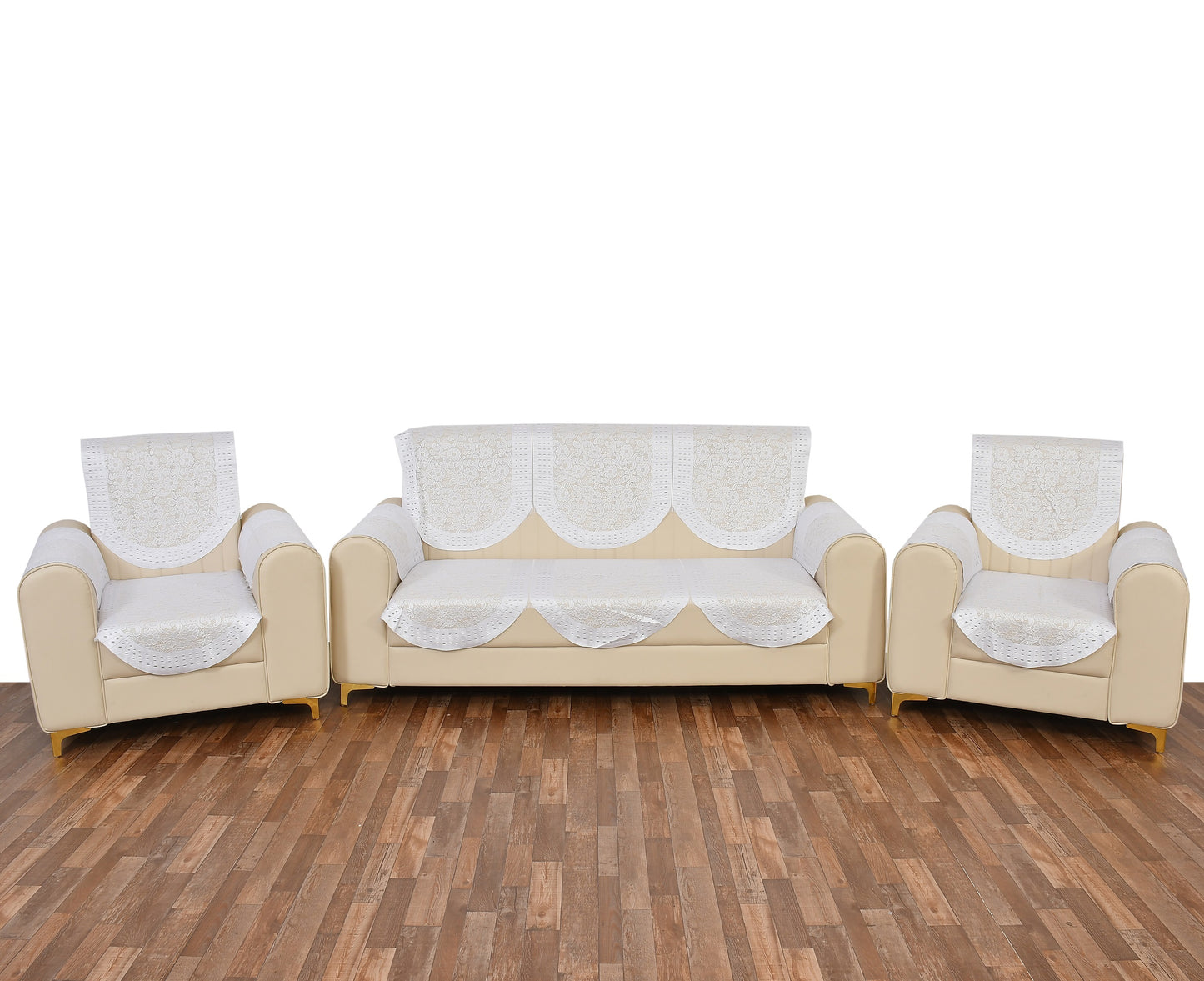 Bigger Fish Poly Cotton Net Fabric  5 Seater Sofa Cover With Arms Cover 16 Pcs with 40x60 Center Table Cover Combo (Cream)