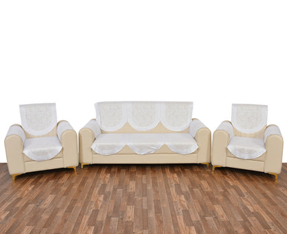 Bigger Fish Poly Cotton Net Fabric  5 Seater Sofa Cover With Arms Cover 16 Pcs with 40x60 Center Table Cover Combo (Cream)