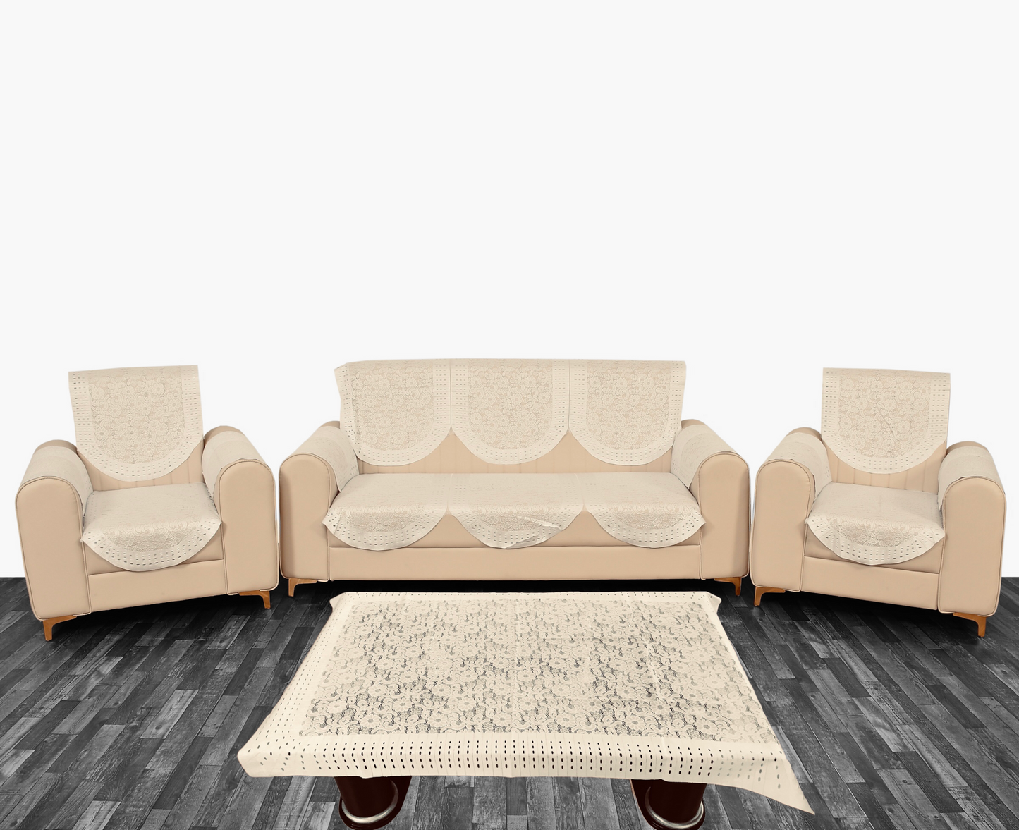 Bigger Fish Poly Cotton Net Fabric  5 Seater Sofa Cover With Arms Cover 16 Pcs with 40x60 Center Table Cover Combo (Cream)