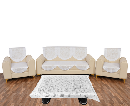 Bigger Fish Poly Cotton Net Fabric Floral 5 Seater Sofa Cover 10 Pieces with 40x60 Center Table Cover Combo (White)