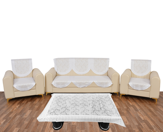 Bigger Fish Poly Cotton Net Fabric Floral 5 Seater Sofa Cover 10 Pieces with 40x60 Center Table Cover Combo (White)