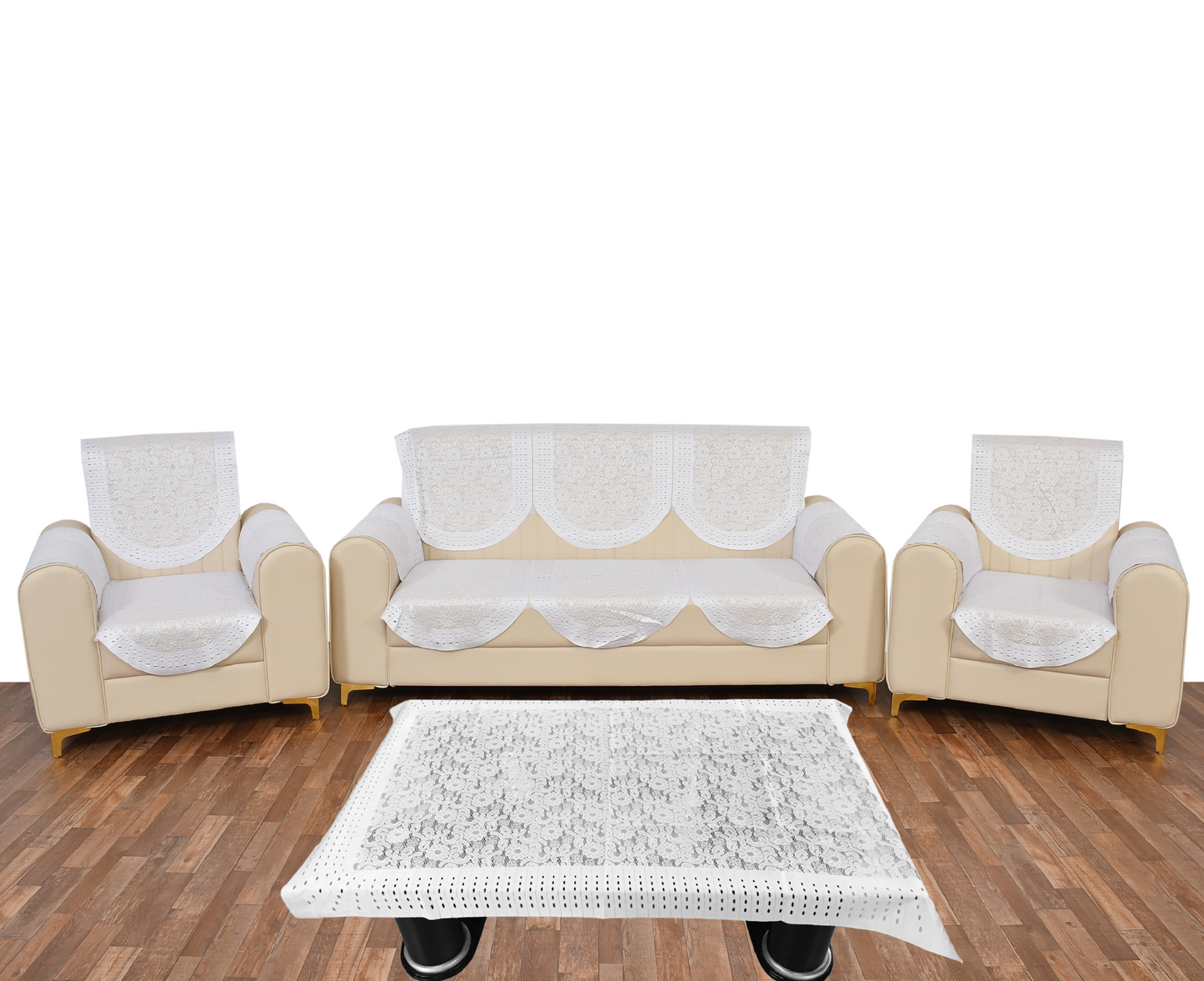 Bigger Fish Poly Cotton Net Fabric  5 Seater Sofa Cover With Arms Cover 16 Pieces with 40x60 Center Table Cover Combo (White)