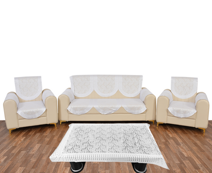 Bigger Fish Poly Cotton Net Fabric  5 Seater Sofa Cover With Arms Cover 16 Pieces with 40x60 Center Table Cover Combo (White)