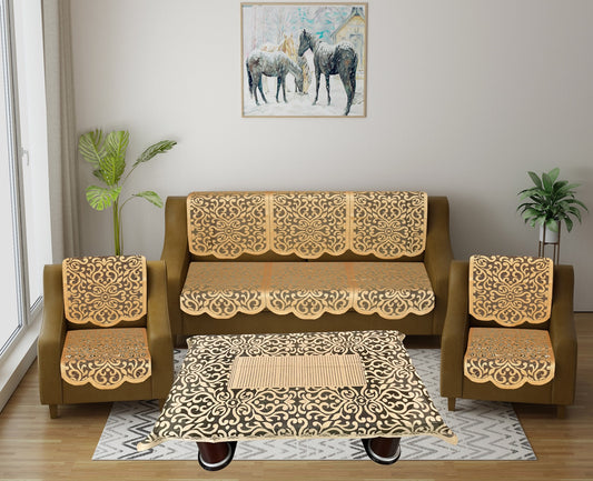 Bigger Fish Poly Cotton Net Fabric Floral 5 Seater Sofa Cover 10 Pieces with 40x60 Center Table Cover Combo (Gold)