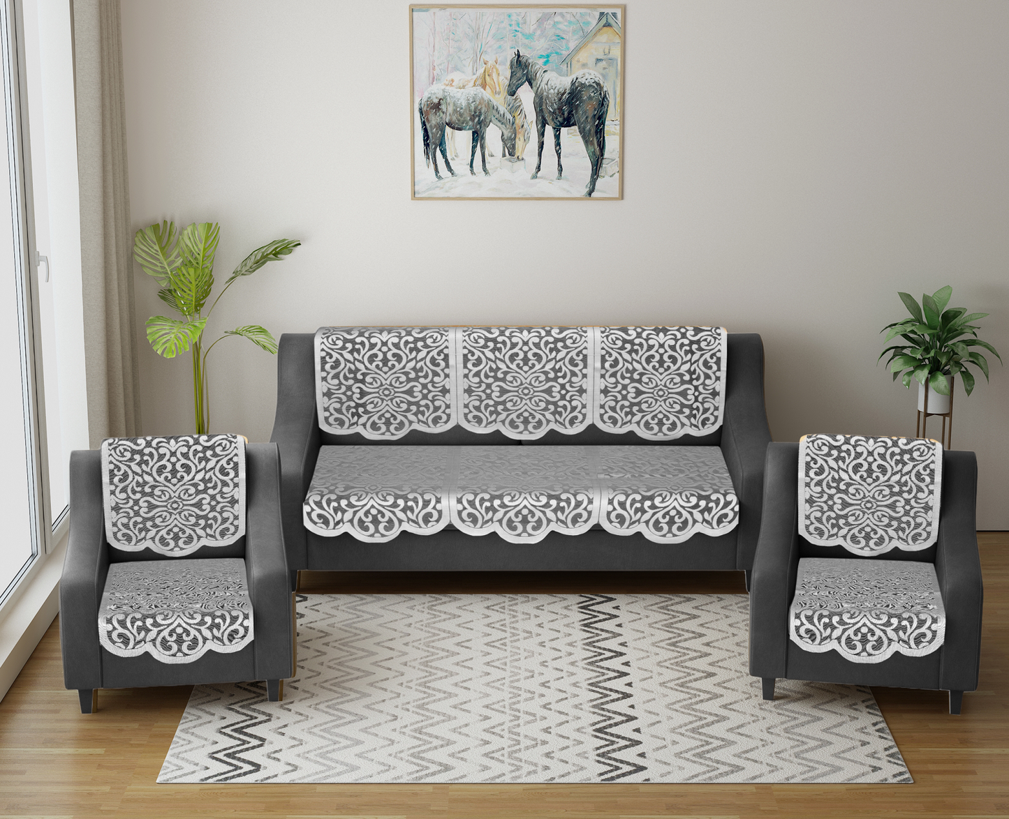 Bigger Fish Poly Cotton Net Fabric Floral 5 Seater Sofa Cover 10 Pieces with 40x60 Center Table Cover Combo (Grey)