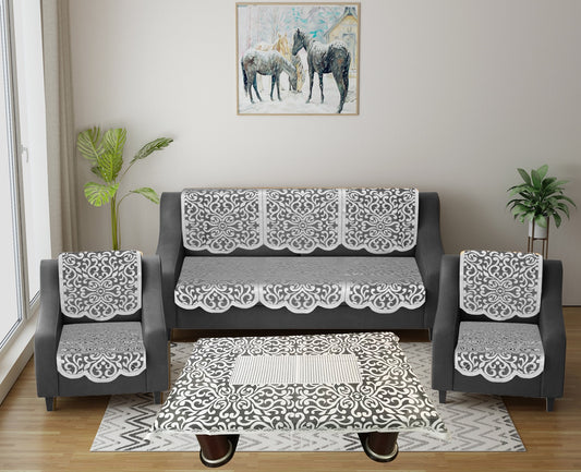 Bigger Fish Poly Cotton Net Fabric Floral 5 Seater Sofa Cover 10 Pieces with 40x60 Center Table Cover Combo (Grey)