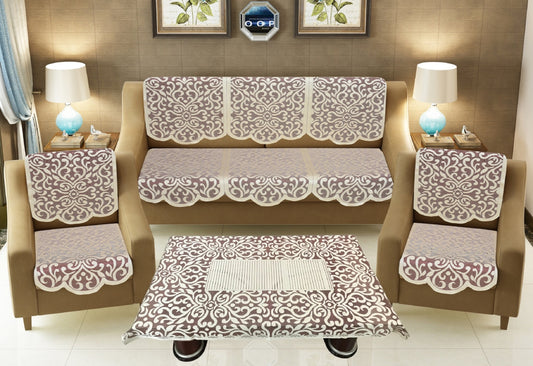 Bigger Fish Poly Cotton Net Fabric Floral 5 Seater Sofa Cover 10 Pieces with 40x60 Center Table Cover Combo (Maroon)