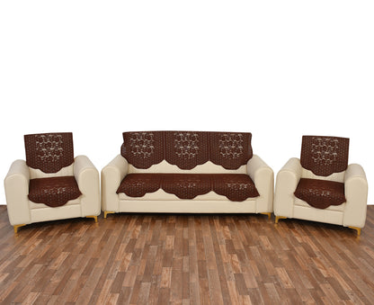 Bigger Fish Poly Cotton Net Fabric Floral 5 Seater Sofa Cover 10 Pieces with 40x60 Center Table Cover Combo (Brown)