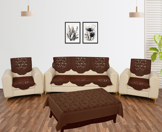 Bigger Fish Poly Cotton Net Fabric Floral 5 Seater Sofa Cover 10 Pieces with 40x60 Center Table Cover Combo (Brown)