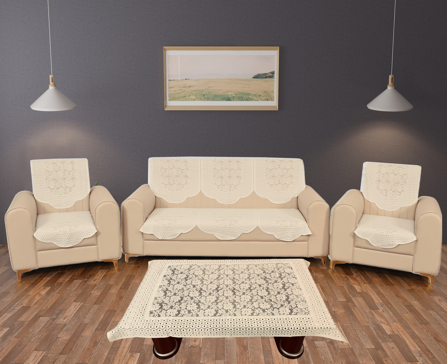 Bigger Fish Poly Cotton Net Fabric Floral 5 Seater Sofa Cover 10 Pieces with 40x60 Center Table Cover Combo (Cream)