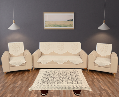 Bigger Fish Poly Cotton Net Fabric Floral 5 Seater Sofa Cover 10 Pieces with 40x60 Center Table Cover Combo (Cream)