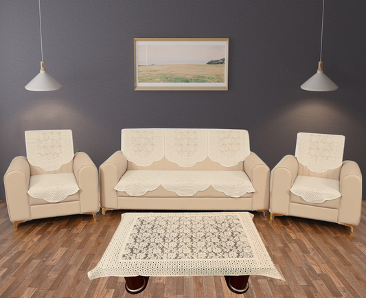 Bigger Fish Poly Cotton Net Fabric Floral 5 Seater Sofa Cover 10 Pieces with 40x60 Center Table Cover Combo (Cream)