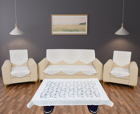 Bigger Fish Poly Cotton Net Fabric Floral 5 Seater Sofa Cover 10 Pieces with 40x60 Center Table Cover Combo (White)