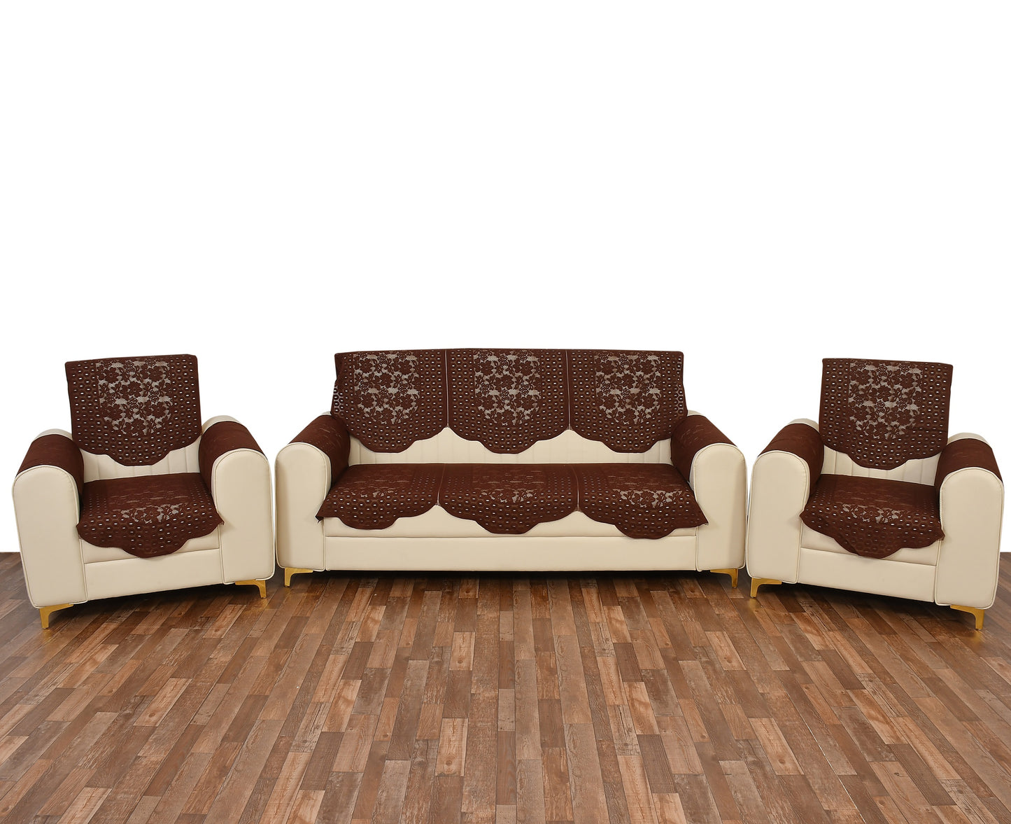 Bigger Fish Poly Cotton Net Fabric 5 Seater Sofa Cover With Arms Cover 16 Pieces with 40x60 Center Table Cover Combo (Brown)