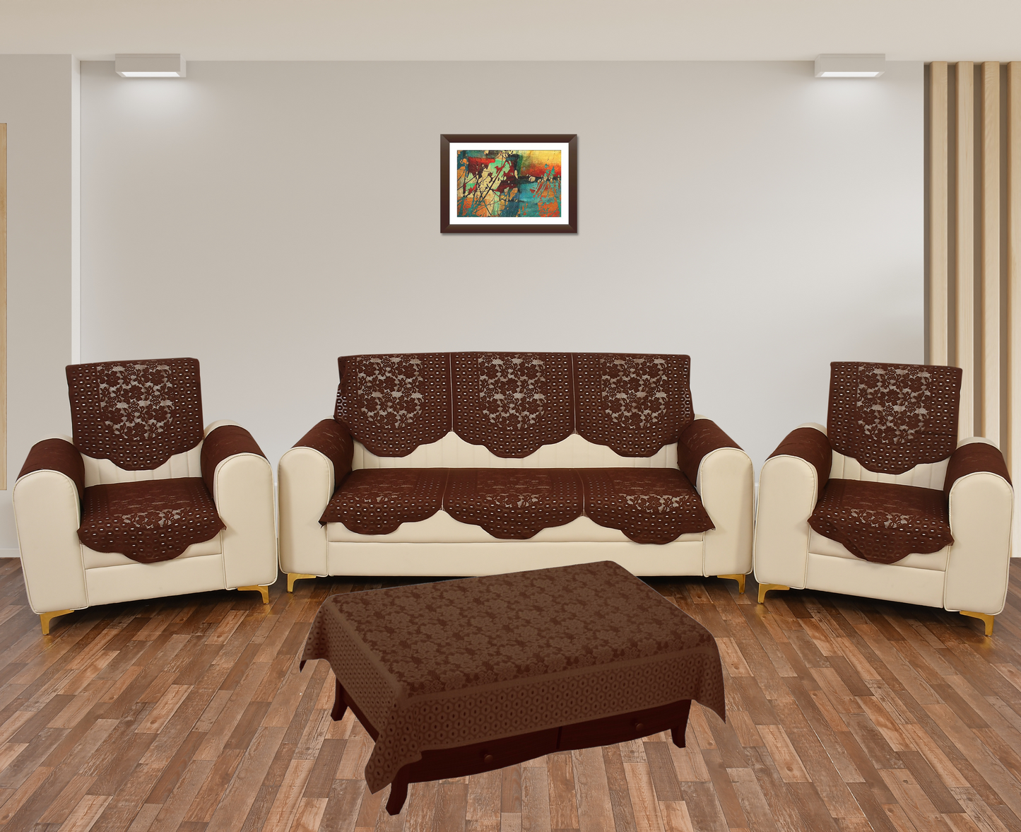 Bigger Fish Poly Cotton Net Fabric 5 Seater Sofa Cover With Arms Cover 16 Pieces with 40x60 Center Table Cover Combo (Brown)
