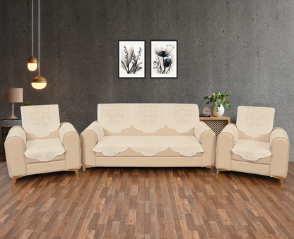 Bigger Fish Poly Cotton Net Fabric 5 Seater Sofa Cover With Arms Cover 16 Pieces with 40x60 Center Table Cover Combo (Cream)