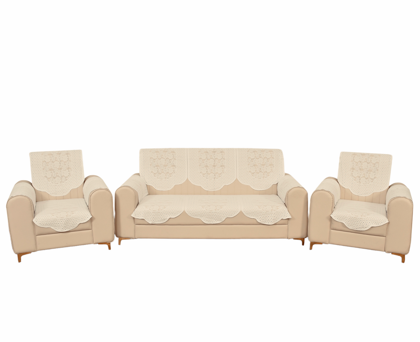Bigger Fish Poly Cotton Net Fabric 5 Seater Sofa Cover With Arms Cover 16 Pieces with 40x60 Center Table Cover Combo (Cream)