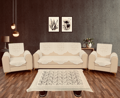 Bigger Fish Poly Cotton Net Fabric 5 Seater Sofa Cover With Arms Cover 16 Pieces with 40x60 Center Table Cover Combo (Cream)