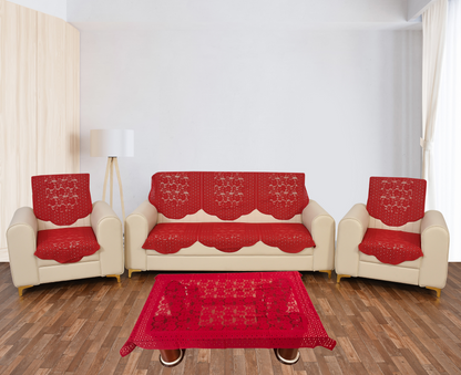 Bigger Fish Poly Cotton Net Fabric Floral 5 Seater Sofa Cover 10 Pieces with 40x60 Center Table Cover Combo (Maroon)