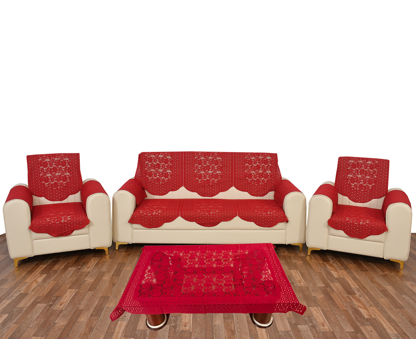 Bigger Fish Poly Cotton Net Fabric  5 Seater Sofa Cover With Arms Cover 16 Pieces with 40x60 Center Table Cover Combo (Maroon)
