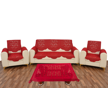 Bigger Fish Poly Cotton Net Fabric  5 Seater Sofa Cover With Arms Cover 16 Pieces with 40x60 Center Table Cover Combo (Maroon)