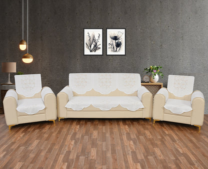 Bigger Fish Poly Cotton Net Fabric  5 Seater Sofa Cover With Arms Cover 16 Pieces with 40x60 Center Table Cover Combo (White)