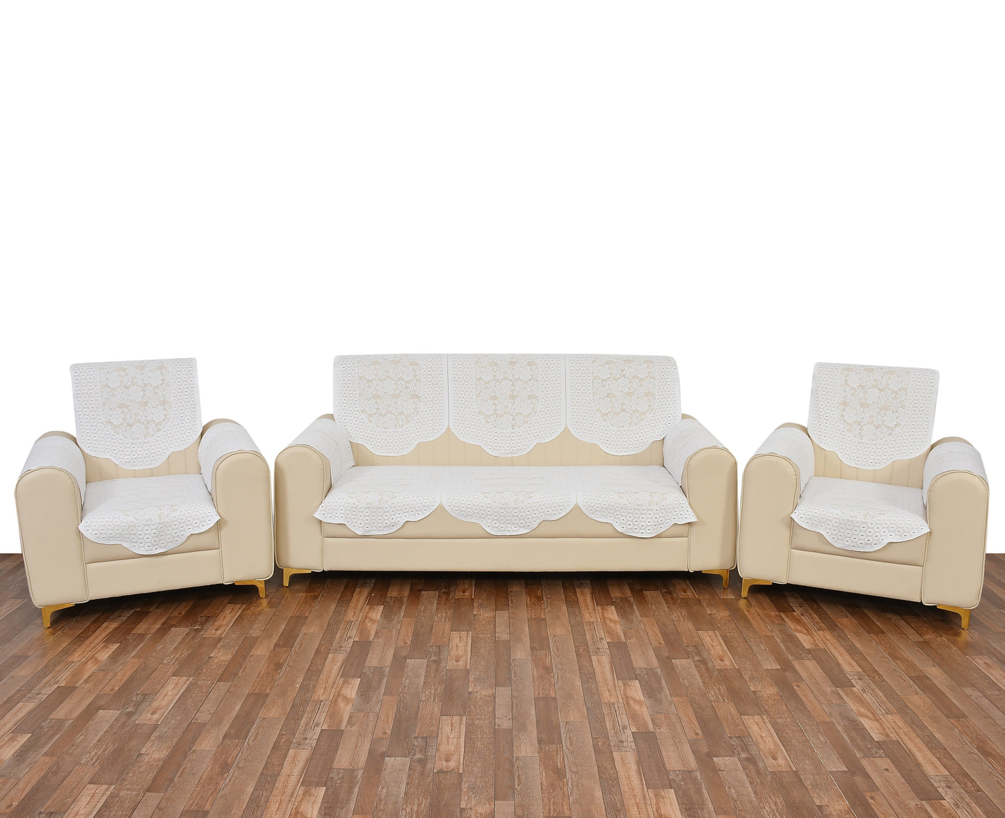 Bigger Fish Poly Cotton Net Fabric  5 Seater Sofa Cover With Arms Cover 16 Pieces with 40x60 Center Table Cover Combo (White)