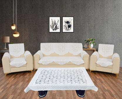 Bigger Fish Poly Cotton Net Fabric  5 Seater Sofa Cover With Arms Cover 16 Pieces with 40x60 Center Table Cover Combo (White)