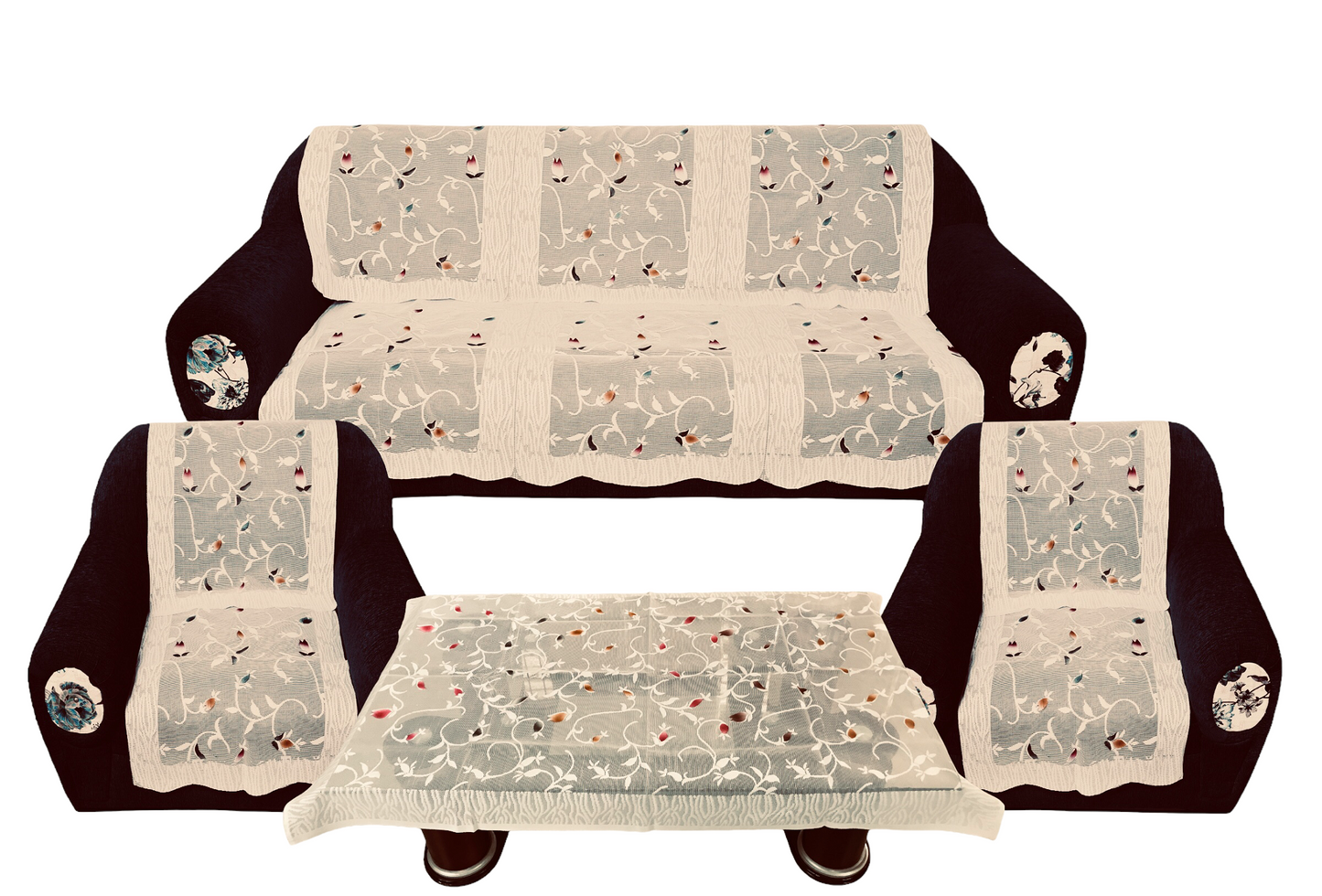 Bigger Fish Poly Cotton Net Fabric Floral 5 Seater Sofa Cover 10 Pieces with 40x60 Center Table Cover Combo (Cream)