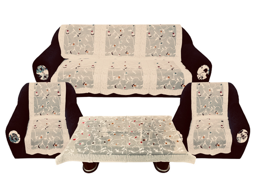 Bigger Fish Poly Cotton Net Fabric Floral 5 Seater Sofa Cover 10 Pieces with 40x60 Center Table Cover Combo (Cream)
